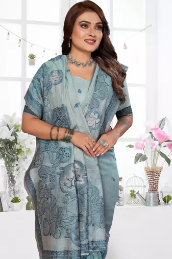 blue spun cotton blend woven designer ethnic traditional saree