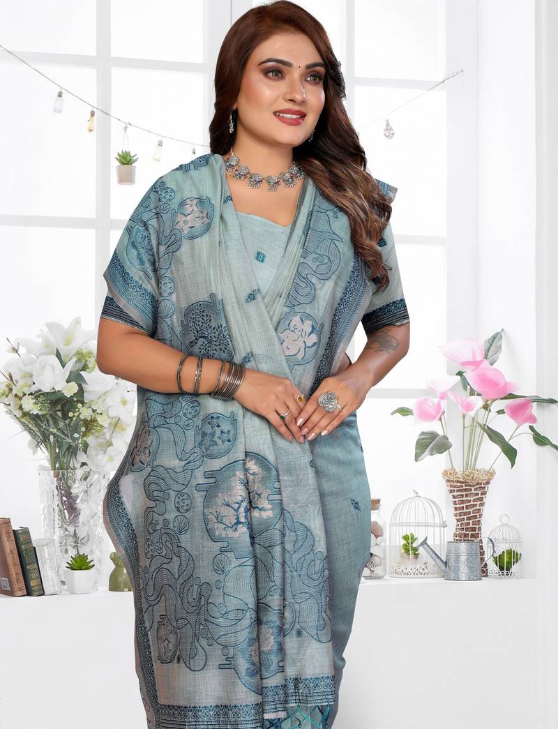 blue spun cotton blend woven designer ethnic traditional saree