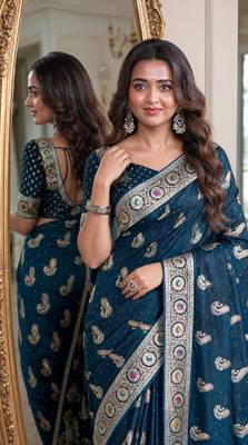 Rama soft silk blend banarasi jacuard work festive saree with unstitched blouse piece 2