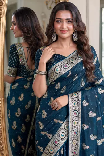 Rama soft silk blend banarasi jacuard work festive saree with unstitched blouse piece