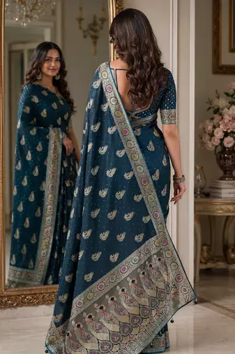 Rama soft silk blend banarasi jacuard work festive saree with unstitched blouse piece