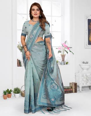 blue spun cotton blend woven designer ethnic traditional saree 4