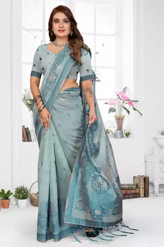 blue spun cotton blend woven designer ethnic traditional saree
