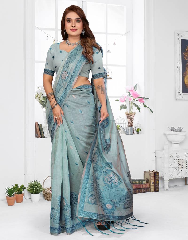 blue spun cotton blend woven designer ethnic traditional saree