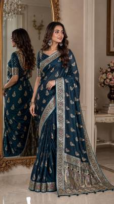 Rama soft silk blend banarasi jacuard work festive saree with unstitched blouse piece 4