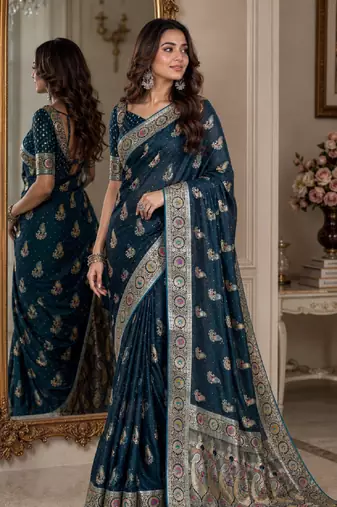 Rama soft silk blend banarasi jacuard work festive saree with unstitched blouse piece