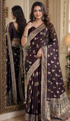 Wine soft silk blend banarasi jacuard work festive saree with unstitched blouse piece 1