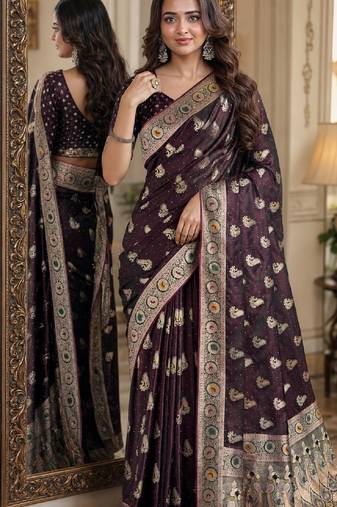 Wine soft silk blend banarasi jacuard work festive saree with unstitched blouse piece