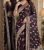 Wine soft silk blend banarasi jacuard work festive saree with unstitched blouse piece