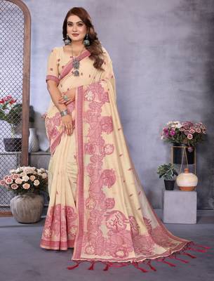 cream spun cotton blend woven designer ethnic traditional saree 1