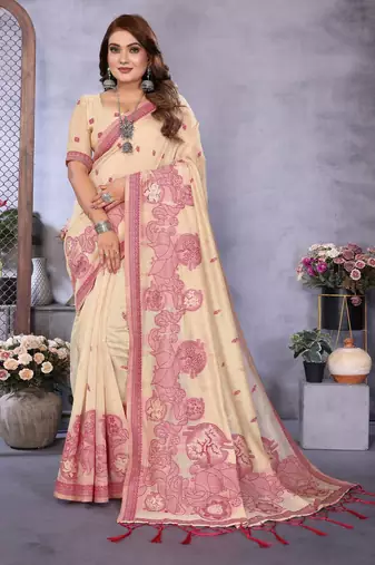 cream spun cotton blend woven designer ethnic traditional saree