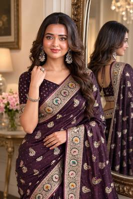 Wine soft silk blend banarasi jacuard work festive saree with unstitched blouse piece 2