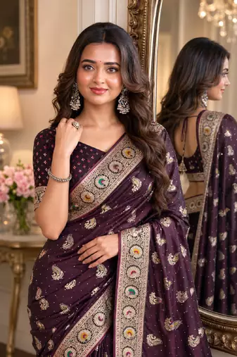 Wine soft silk blend banarasi jacuard work festive saree with unstitched blouse piece