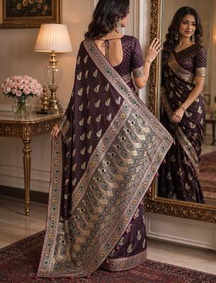 Wine soft silk blend banarasi jacuard work festive saree with unstitched blouse piece 3