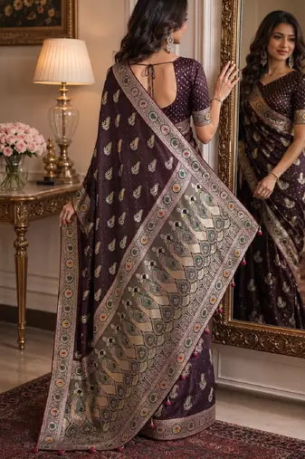 Wine soft silk blend banarasi jacuard work festive saree with unstitched blouse piece