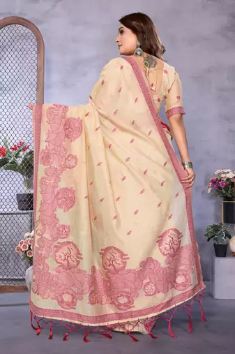 cream spun cotton blend woven designer ethnic traditional saree