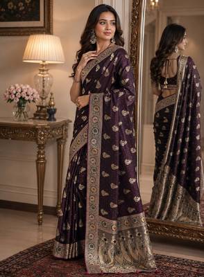 Wine soft silk blend banarasi jacuard work festive saree with unstitched blouse piece 4