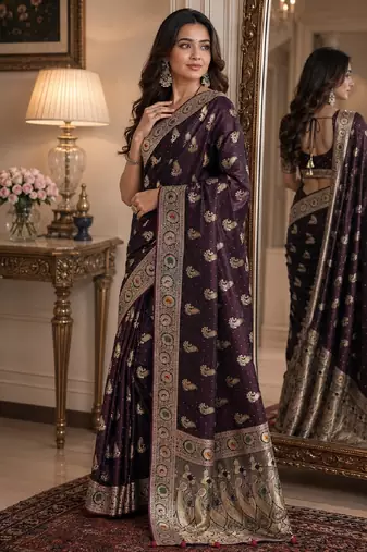Wine soft silk blend banarasi jacuard work festive saree with unstitched blouse piece