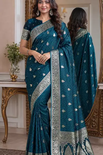 Rama soft silk blend banarasi jacuard work festive saree with unstitched blouse piece