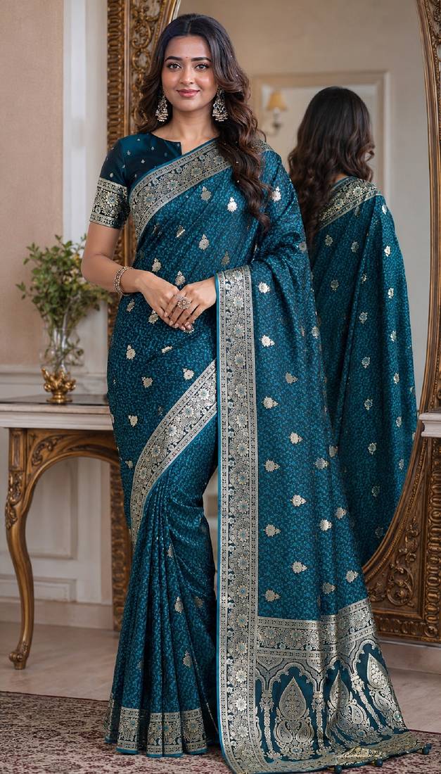 Rama soft silk blend banarasi jacuard work festive saree with unstitched blouse piece