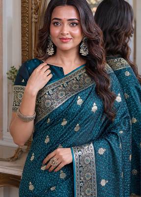 Rama soft silk blend banarasi jacuard work festive saree with unstitched blouse piece 2