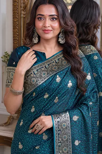 Rama soft silk blend banarasi jacuard work festive saree with unstitched blouse piece