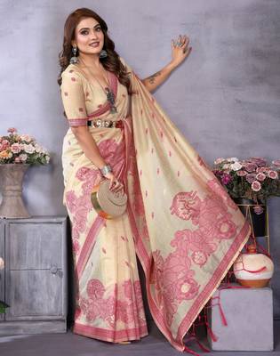 cream spun cotton blend woven designer ethnic traditional saree 4