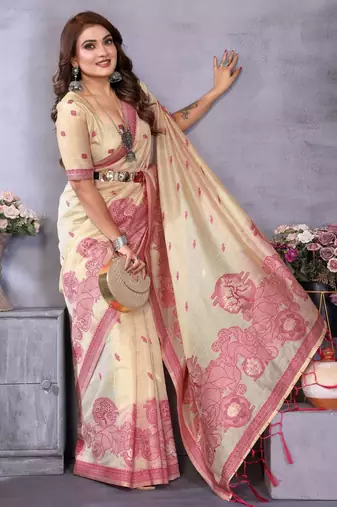 cream spun cotton blend woven designer ethnic traditional saree