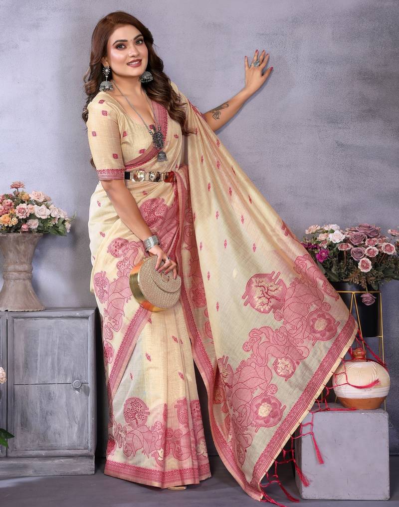 cream spun cotton blend woven designer ethnic traditional saree