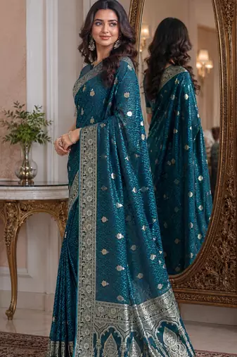 Rama soft silk blend banarasi jacuard work festive saree with unstitched blouse piece
