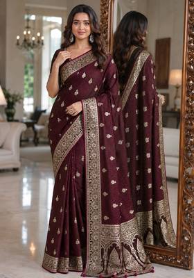 Maroon soft silk blend banarasi jacuard work festive saree with unstitched blouse piece 1