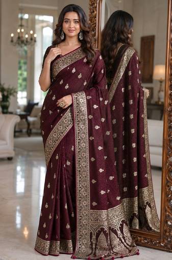 Maroon soft silk blend banarasi jacuard work festive saree with unstitched blouse piece