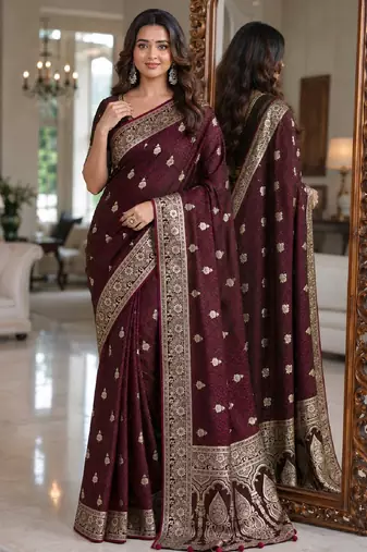 Maroon soft silk blend banarasi jacuard work festive saree with unstitched blouse piece