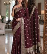 Maroon soft silk blend banarasi jacuard work festive saree with unstitched blouse piece