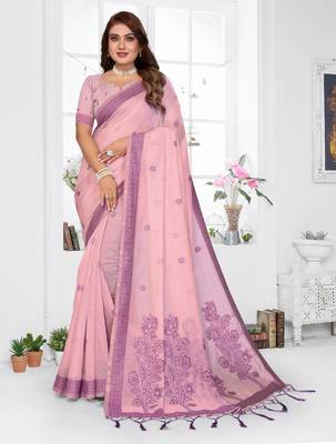 pink spun cotton blend woven designer ethnic partywear saree 1