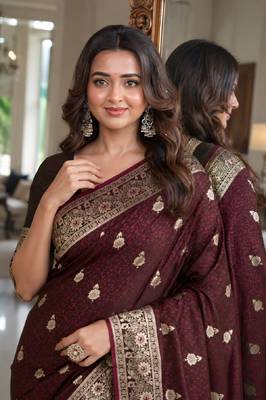 Maroon soft silk blend banarasi jacuard work festive saree with unstitched blouse piece 2