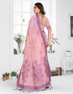 pink spun cotton blend woven designer ethnic partywear saree 2