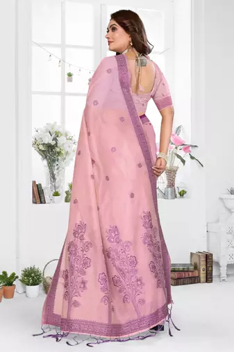 pink spun cotton blend woven designer ethnic partywear saree