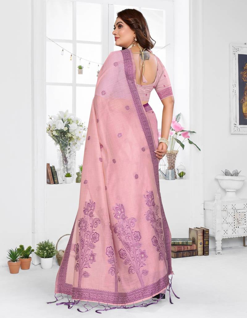 pink spun cotton blend woven designer ethnic partywear saree