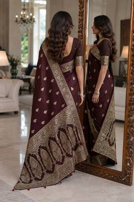 Maroon soft silk blend banarasi jacuard work festive saree with unstitched blouse piece 3