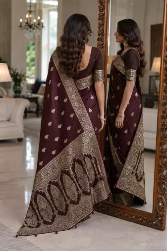 Maroon soft silk blend banarasi jacuard work festive saree with unstitched blouse piece