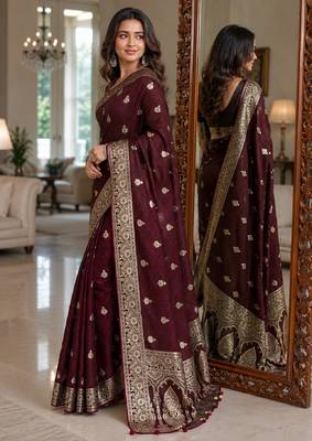 Maroon soft silk blend banarasi jacuard work festive saree with unstitched blouse piece 4