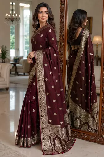 Maroon soft silk blend banarasi jacuard work festive saree with unstitched blouse piece