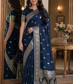 Blue soft silk blend banarasi jacuard work festive saree with unstitched blouse piece