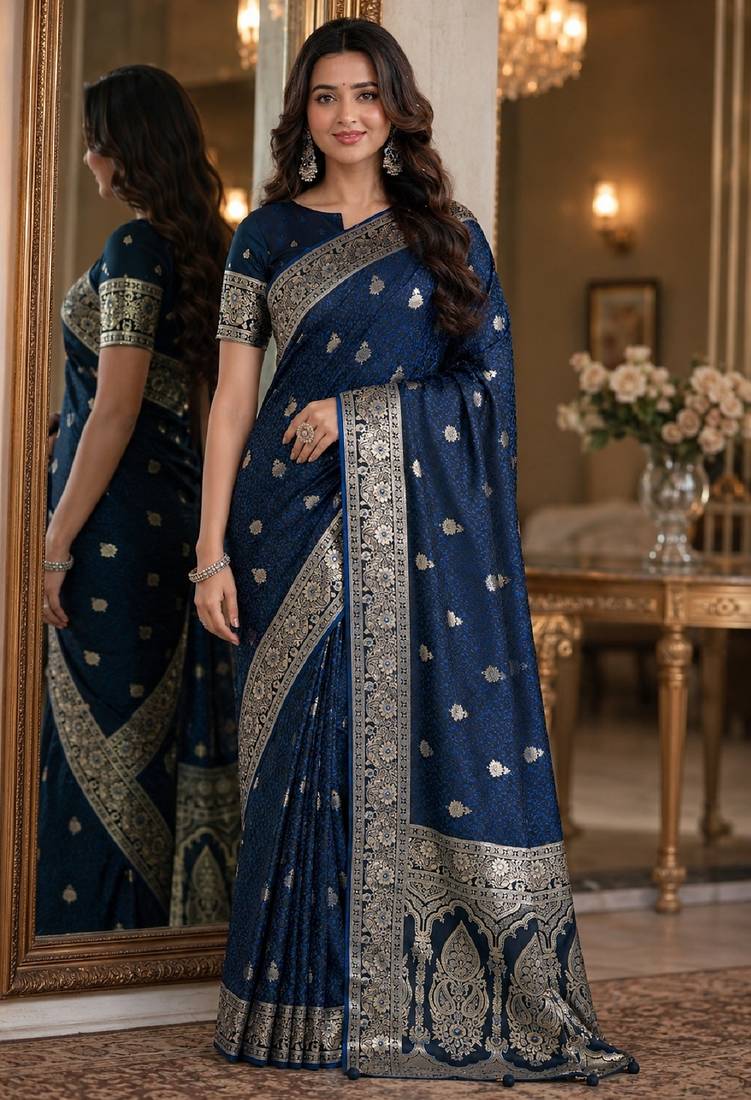 Blue soft silk blend banarasi jacuard work festive saree with unstitched blouse piece
