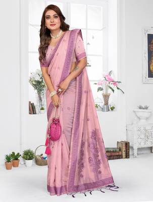 pink spun cotton blend woven designer ethnic partywear saree 4