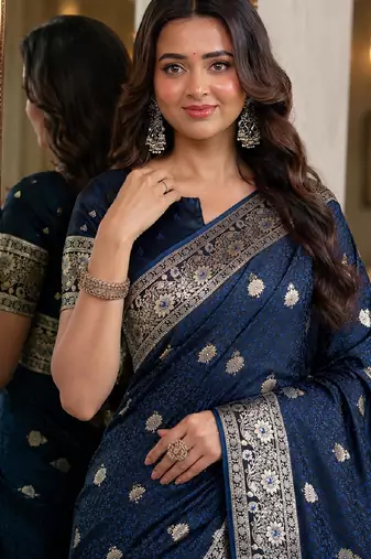 Blue soft silk blend banarasi jacuard work festive saree with unstitched blouse piece