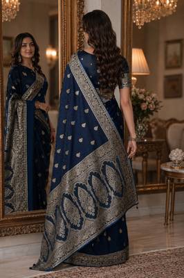 Blue soft silk blend banarasi jacuard work festive saree with unstitched blouse piece 3