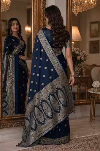 Blue soft silk blend banarasi jacuard work festive saree with unstitched blouse piece