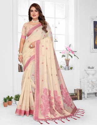 cream spun cotton blend woven designer ethnic partywear saree 1